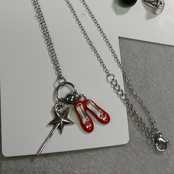 Magic Wand & Ruby Red Slippers Charm Necklace Adjustable Stainless-Steel Chain - Picture 5 of 6